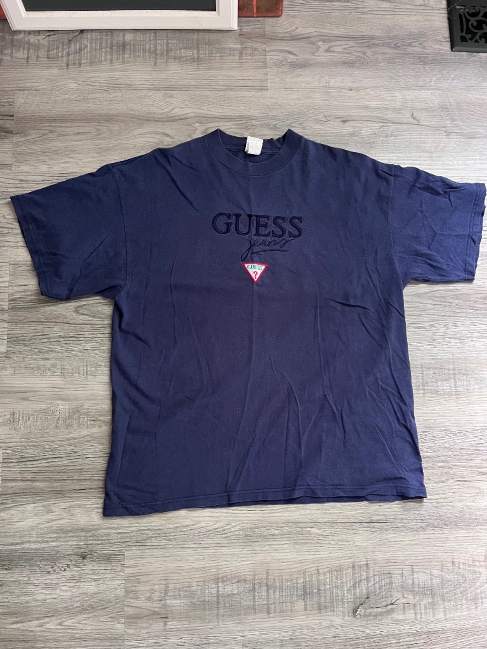GUESS JEANS Navy Blue Vintage Shirt Embroidered Logo Men's XL made in USA cotton